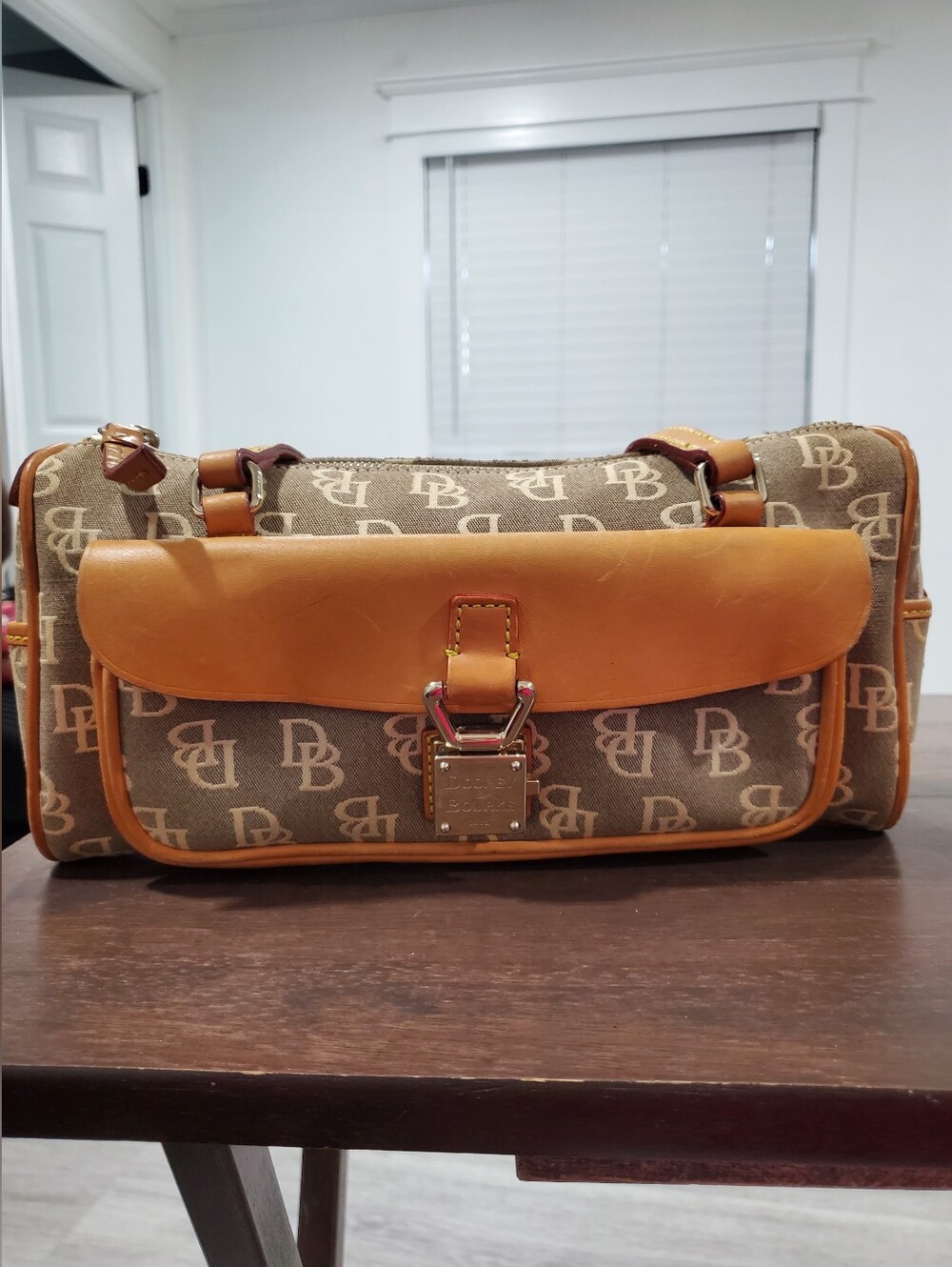 Dooney & Bourke Tan Logo Canvas Duffel with Leather Trim